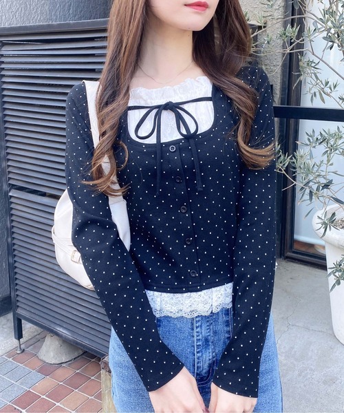 ユキ★ESSENTIAL レイヤードデザインリブトップス ブラック レースレイヤード風リボン付き長袖リブトップス（Tシャツ/カットソー
