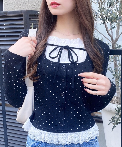 セール】レースレイヤード風リボン付き長袖リブトップス（Tシャツ