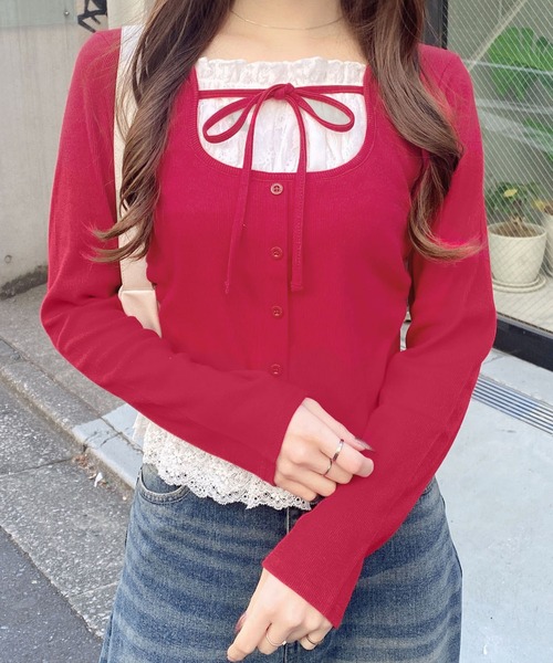 INGNI（イング）の「レースレイヤード風リボン付きリブトップス（Tシャツ/カットソー・レディース・グレー×ホワイト/レッド系3/ブラック×ホワイト/ブラック系その他4/ホワイト系その他・M）」の9枚目の写真