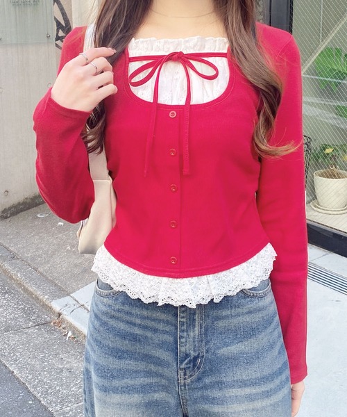 INGNI（イング）の「レースレイヤード風リボン付きリブトップス（Tシャツ/カットソー・レディース・グレー×ホワイト/レッド系3/ブラック×ホワイト/ブラック系その他4/ホワイト系その他・M）」の11枚目の写真