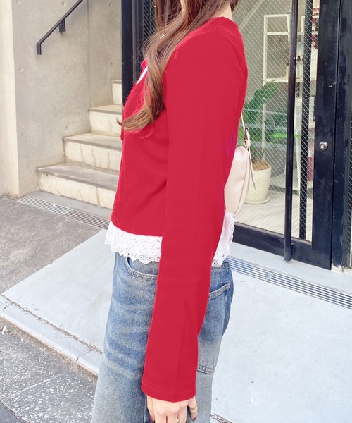 INGNI（イング）の「レースレイヤード風リボン付きリブトップス（Tシャツ/カットソー・レディース・グレー×ホワイト/レッド系3/ブラック×ホワイト/ブラック系その他4/ホワイト系その他・M）」の12枚目の写真