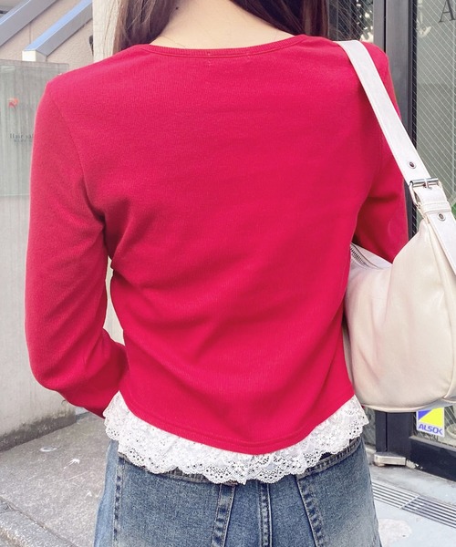 INGNI（イング）の「レースレイヤード風リボン付きリブトップス（Tシャツ/カットソー・レディース・グレー×ホワイト/レッド系3/ブラック×ホワイト/ブラック系その他4/ホワイト系その他・M）」の13枚目の写真