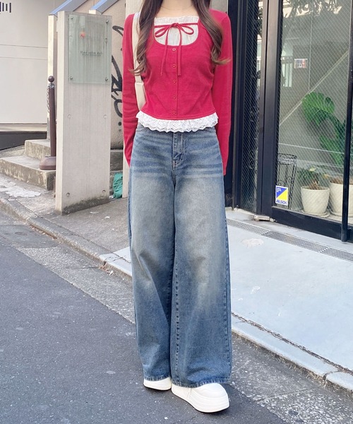 INGNI（イング）の「レースレイヤード風リボン付きリブトップス（Tシャツ/カットソー・レディース・グレー×ホワイト/レッド系3/ブラック×ホワイト/ブラック系その他4/ホワイト系その他・M）」の14枚目の写真