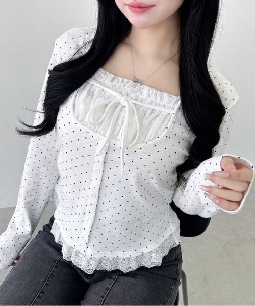 INGNI（イング）の「レースレイヤード風リボン付きリブトップス（Tシャツ/カットソー・レディース・グレー×ホワイト/レッド系3/ブラック×ホワイト/ブラック系その他4/ホワイト系その他・M）」の6枚目の写真