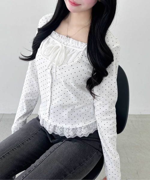 INGNI（イング）の「レースレイヤード風リボン付きリブトップス（Tシャツ/カットソー・レディース・グレー×ホワイト/レッド系3/ブラック×ホワイト/ブラック系その他4/ホワイト系その他・M）」の7枚目の写真