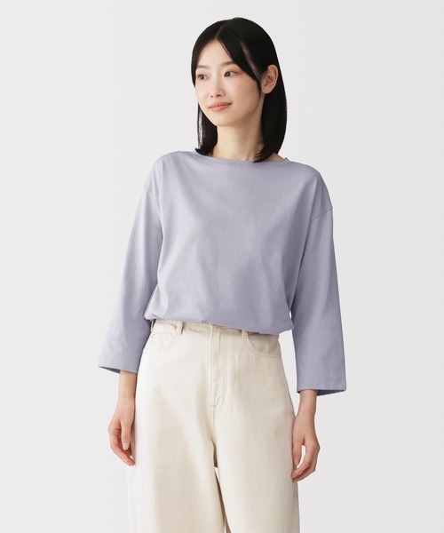 無印良品（ムジルシリョウヒン）の「婦人　天竺編みボートネック七分袖Ｔシャツ（Tシャツ/カットソー・レディース・ブラック/スモークピンク/オレンジ/ダークグレー/ライトパープル/ホワイト/ライトグレー・S/M/L/XL）」の5枚目の写真