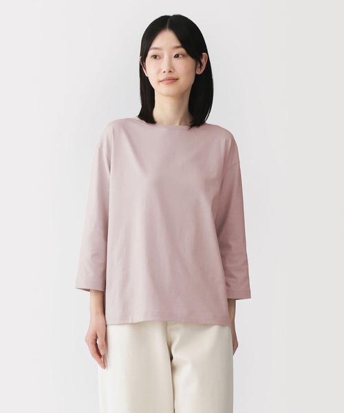 無印良品（ムジルシリョウヒン）の「婦人　天竺編みボートネック七分袖Ｔシャツ（Tシャツ/カットソー・レディース・ブラック/スモークピンク/オレンジ/ダークグレー/ライトパープル/ホワイト/ライトグレー・S/M/L/XL）」の6枚目の写真