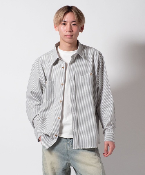 BAYBLO(ベイブロ)の「(SA) ストライプ 無地 長袖 シャツ(シャツ/ブラウス・メンズ・グレー/ブルー/グリーン/ホワイト・M/L/LL)」の10枚目の写真