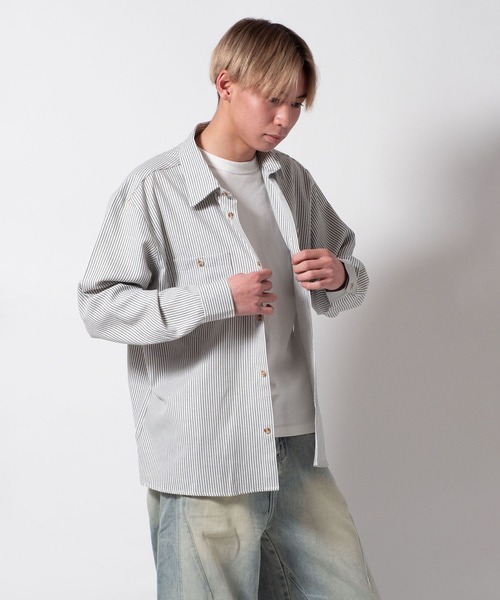 BAYBLO(ベイブロ)の「(SA) ストライプ 無地 長袖 シャツ(シャツ/ブラウス・メンズ・グレー/ブルー/グリーン/ホワイト・M/L/LL)」の12枚目の写真
