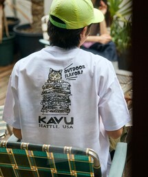 限定展開 KAVU×FREAK'S STORE カブ― 別注 ビッグシルエット バックデザイン刺繍 クルーネック Tシャツ Burger Cat