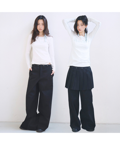 Button Waist Wide Pants & Skirt, Black