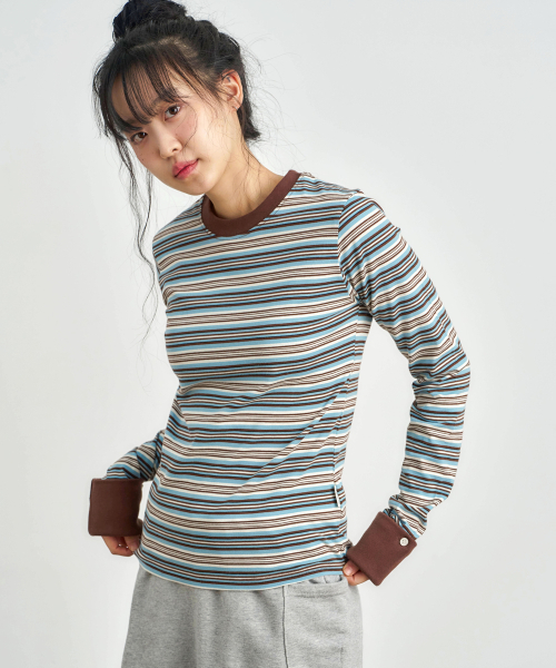KIJIKO(キジコ)の「ke307-Striped Cuffs Long Sleeve Blue(Tシャツ/カットソー・レディース・ブルー・FREE)」の1枚目の写真