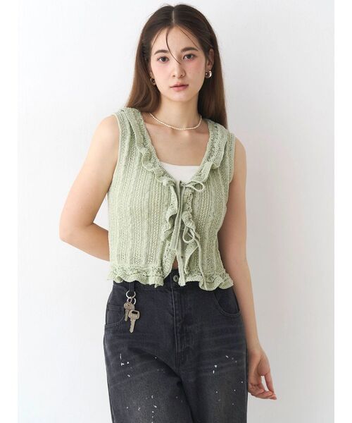 Now me. by NYLON JAPAN（ナウミーバイナイロンジャパン）の「クロシェニットフリルトップス（ニット/セーター・レディース・グリーン/ブラウン/アイボリー・FREE）」の19枚目の写真