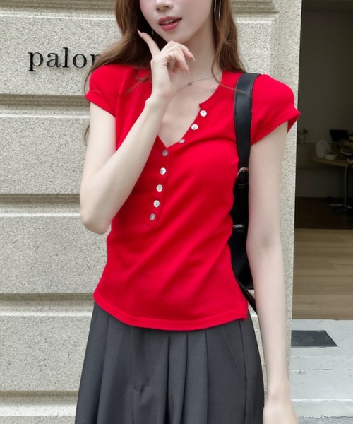 Ada.(エイダ)の「ボタンデザイン ヘンリーネック コンパクト 半袖 カットソー(Tシャツ/カットソー・レディース・レッド/チャコール/ベージュ・FREE)」の21枚目の写真