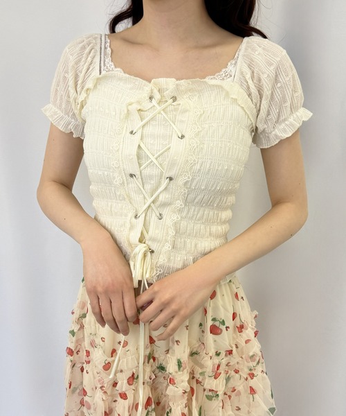 frunco（フランコ）の「レースアップパフブラウス（シャツ/ブラウス・レディース・アイボリー/グリーン/ブルー/ピンク/ブラック・FREE）」の2枚目の写真