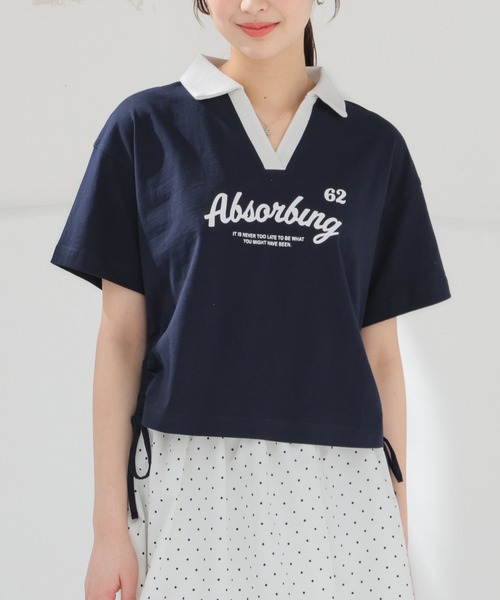 Honeys(ハニーズ)の「【UVカット】衿付ロゴトップス(Tシャツ/カットソー・レディース・ピンク/ホワイト/スミクロ/ネイビー・L/M/S)」の3枚目の写真