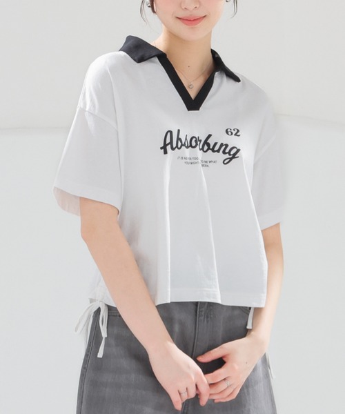 Honeys(ハニーズ)の「【UVカット】衿付ロゴトップス(Tシャツ/カットソー・レディース・ピンク/ホワイト/スミクロ/ネイビー・L/M/S)」の2枚目の写真