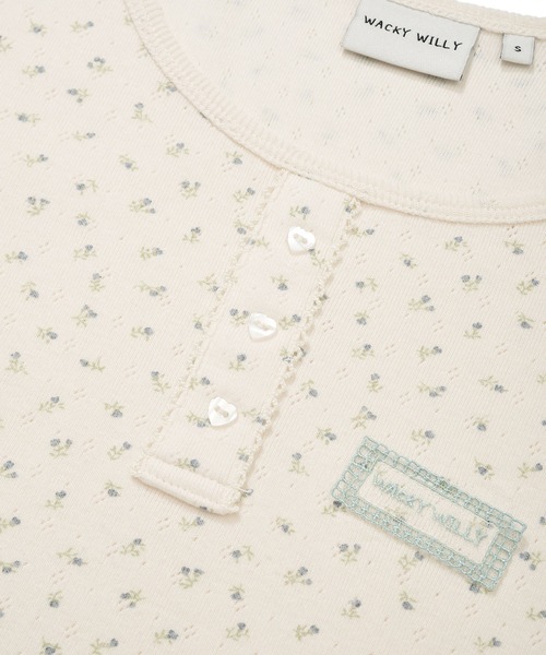 Wacky WiLLy（ワッキーウィリー）の「WOMEN'S HENRY NECK EYELET SHORT SLEEVE T-SHIRT（Tシャツ/カットソー・レディース・クリーム/グレー・SMALL/MEDIUM）」の6枚目の写真