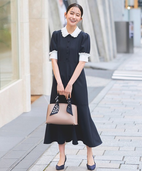 RUIRUE BOUTIQUE(ルイルエブティック)の「ストレッチ | バイカラー クラシック ワンピース | 夏ワンピース・ロングワンピース・シャツワンピース・デザインワンピース・襟付きワンピース・マーメイドスカート(ワンピース・レディース・ブラック/アイボリー/ダークネイビー・S/M/L)」の3枚目の写真