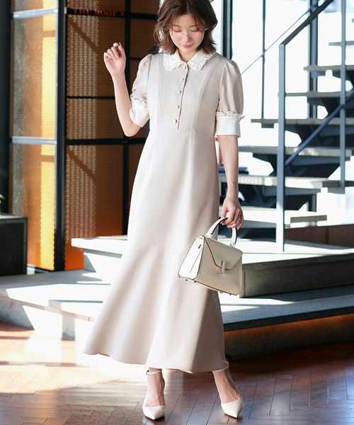 RUIRUE BOUTIQUE(ルイルエブティック)の「ストレッチ | バイカラー クラシック ワンピース | 夏ワンピース・ロングワンピース・シャツワンピース・デザインワンピース・襟付きワンピース・マーメイドスカート(ワンピース・レディース・ブラック/アイボリー/ダークネイビー・S/M/L)」の2枚目の写真