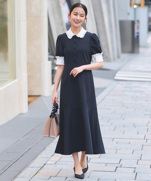 RUIRUE BOUTIQUE(ルイルエブティック)の「ストレッチ | バイカラー クラシック ワンピース | 夏ワンピース・ロングワンピース・シャツワンピース・デザインワンピース・襟付きワンピース・マーメイドスカート(ワンピース・レディース・ブラック/アイボリー/ダークネイビー・S/M/L)」の12枚目の写真