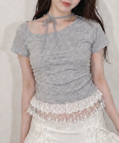 NANEA(ナネア)の「フロントロゴビジュー レースフリルワンショルダーTシャツ(Tシャツ/カットソー・レディース・ブラック/グレー/ホワイト・MEDIUM)」の3枚目の写真