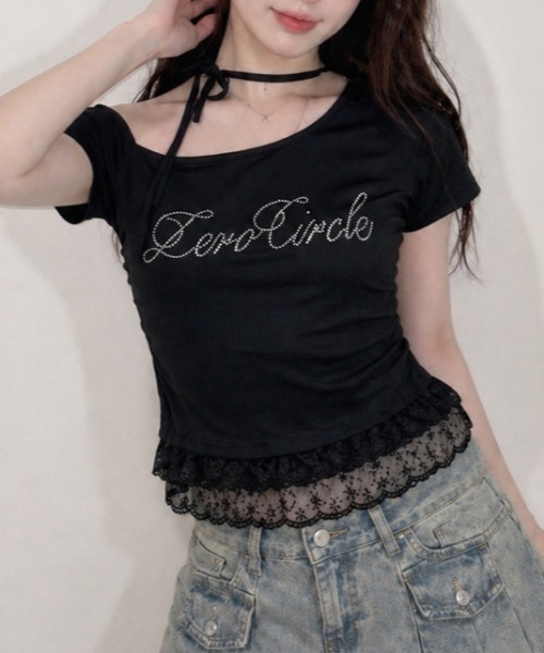 NANEA(ナネア)の「フロントロゴビジュー レースフリルワンショルダーTシャツ(Tシャツ/カットソー・レディース・ブラック/グレー/ホワイト・MEDIUM)」の6枚目の写真