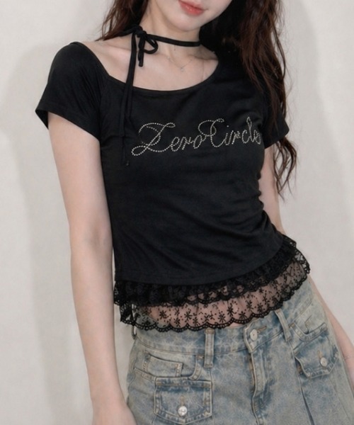 NANEA(ナネア)の「フロントロゴビジュー レースフリルワンショルダーTシャツ(Tシャツ/カットソー・レディース・ブラック/グレー/ホワイト・MEDIUM)」の8枚目の写真