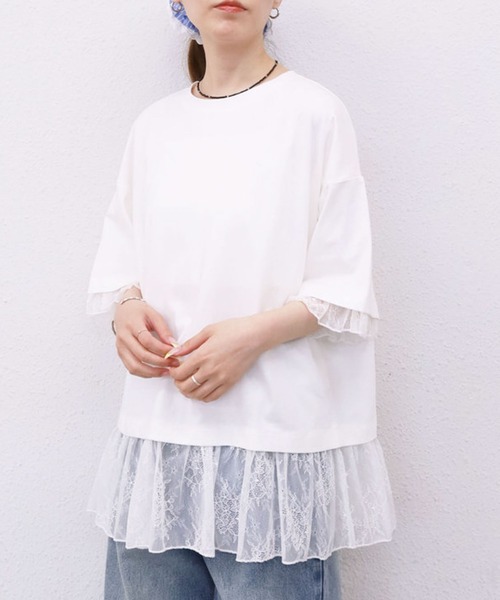archives(アルシーヴ)の「【1枚でレイヤード風が完成するBIGT】フリルレースドッキングBIGTEE(Tシャツ/カットソー・レディース・ブラック/オフホワイト・MEDIUM)」の3枚目の写真