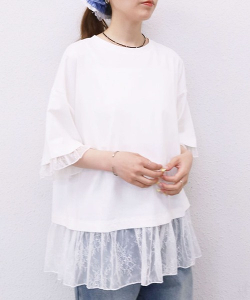 archives(アルシーヴ)の「【1枚でレイヤード風が完成するBIGT】フリルレースドッキングBIGTEE(Tシャツ/カットソー・レディース・ブラック/オフホワイト・MEDIUM)」の5枚目の写真