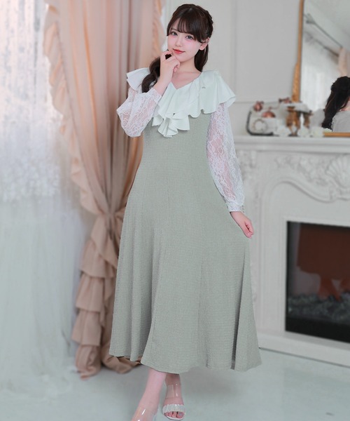 Anely(アネリー)の「ラッフル フリル レース レイヤード ロング ワンピース(ワンピース・レディース・ミント/グレイッシュベージュ/ブラック・FREE)」の3枚目の写真