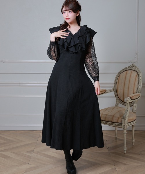 Anely(アネリー)の「ラッフル フリル レース レイヤード ロング ワンピース(ワンピース・レディース・ミント/グレイッシュベージュ/ブラック・FREE)」の2枚目の写真