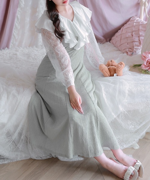 Anely(アネリー)の「ラッフル フリル レース レイヤード ロング ワンピース(ワンピース・レディース・ミント/グレイッシュベージュ/ブラック・FREE)」の5枚目の写真