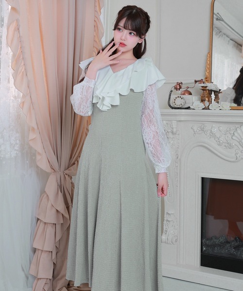 Anely(アネリー)の「ラッフル フリル レース レイヤード ロング ワンピース(ワンピース・レディース・ミント/グレイッシュベージュ/ブラック・FREE)」の6枚目の写真