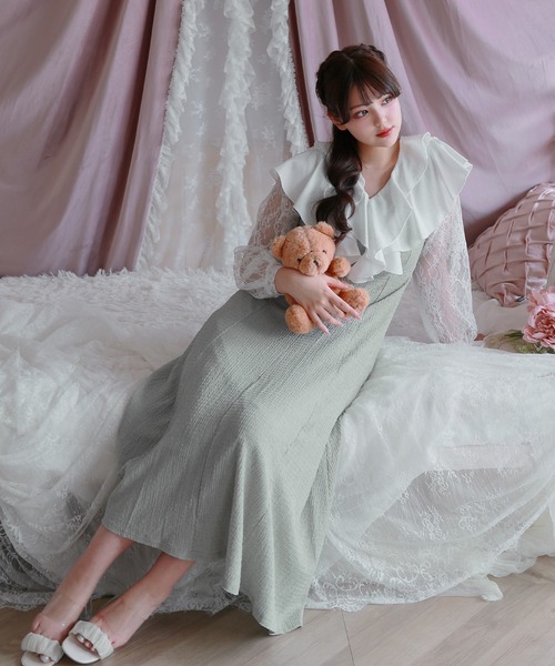 Anely(アネリー)の「ラッフル フリル レース レイヤード ロング ワンピース(ワンピース・レディース・ミント/グレイッシュベージュ/ブラック・FREE)」の8枚目の写真