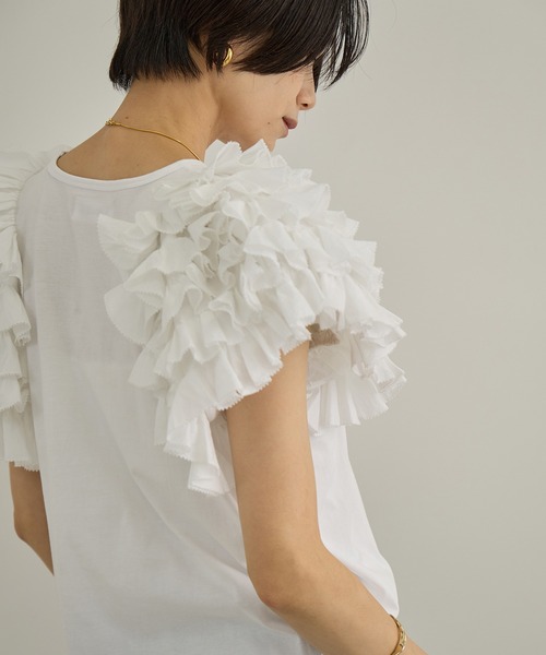AAYUSHI フリルスリーブカットソー フリルカットソー　ホワイト AAYUSHI（アユーシ）】フリルスリーブカットソー（Tシャツ/カットソー