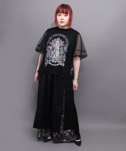 iS ScoLar(イズスカラー)の「562253:無地×お花図鑑柄 スリット入りワイドパンツ(その他パンツ・レディース・ブラック/グレー/カーキ・M)」の15枚目の写真