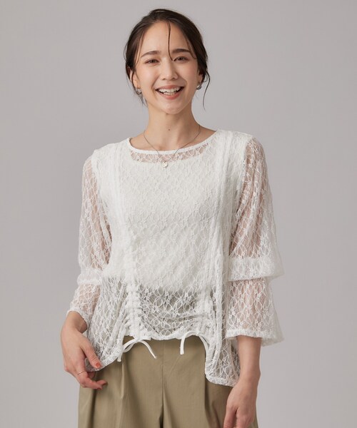 SHOO・LA・RUE(シューラルー)の「レースで華やかに映える 旬な透け感の レースシャーリングトップス(Tシャツ/カットソー・レディース・ブラック/ホワイト・00)」の3枚目の写真