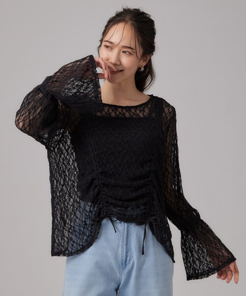 SHOO・LA・RUE(シューラルー)の「レースで華やかに映える 旬な透け感の レースシャーリングトップス(Tシャツ/カットソー・レディース・ブラック/ホワイト・00)」の7枚目の写真