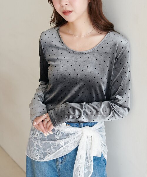 DISCOAT（ディスコート）の「【WEB限定】ドットベロアロングスリーブ（Tシャツ/カットソー・レディース・モカ/チャコールグレー/ピンク/アイボリー・FREE）」の2枚目の写真