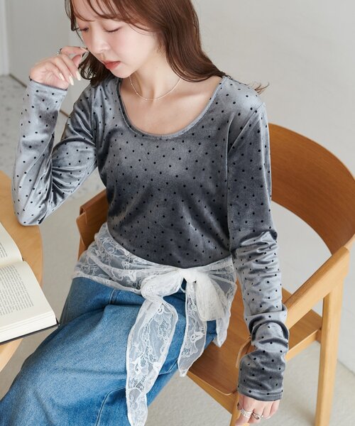 DISCOAT（ディスコート）の「【WEB限定】ドットベロアロングスリーブ（Tシャツ/カットソー・レディース・モカ/チャコールグレー/ピンク/アイボリー・FREE）」の14枚目の写真