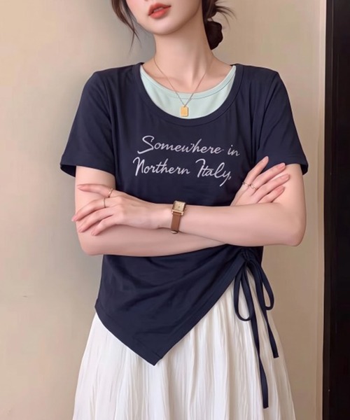 Girly Doll(ガーリードール)の「フェイクツーピースサイドギャザーロゴTシャツ(Tシャツ/カットソー・レディース・ネイビー/グレー/ブルー/ホワイト・M/L)」の4枚目の写真