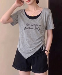 フェイクツーピースサイドギャザーロゴTシャツ