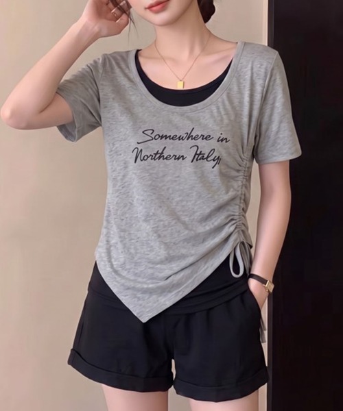 Girly Doll(ガーリードール)の「フェイクツーピースサイドギャザーロゴTシャツ(Tシャツ/カットソー・レディース・ネイビー/グレー/ブルー/ホワイト・M/L)」の3枚目の写真
