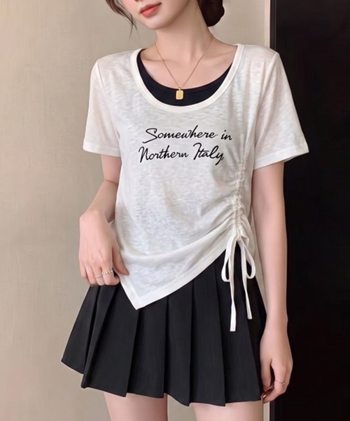 Girly Doll(ガーリードール)の「フェイクツーピースサイドギャザーロゴTシャツ(Tシャツ/カットソー・レディース・ネイビー/グレー/ブルー/ホワイト・M/L)」の1枚目の写真