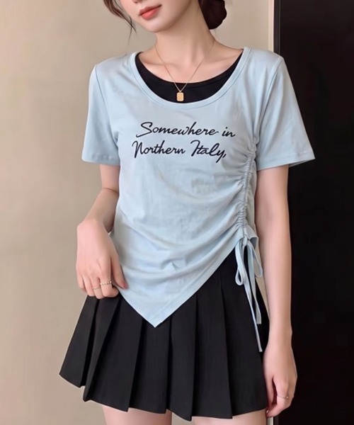 Girly Doll(ガーリードール)の「フェイクツーピースサイドギャザーロゴTシャツ(Tシャツ/カットソー・レディース・ネイビー/グレー/ブルー/ホワイト・M/L)」の2枚目の写真