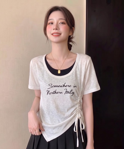 Girly Doll(ガーリードール)の「フェイクツーピースサイドギャザーロゴTシャツ(Tシャツ/カットソー・レディース・ネイビー/グレー/ブルー/ホワイト・M/L)」の5枚目の写真