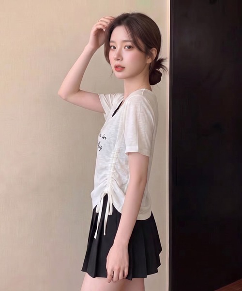 Girly Doll(ガーリードール)の「フェイクツーピースサイドギャザーロゴTシャツ(Tシャツ/カットソー・レディース・ネイビー/グレー/ブルー/ホワイト・M/L)」の6枚目の写真