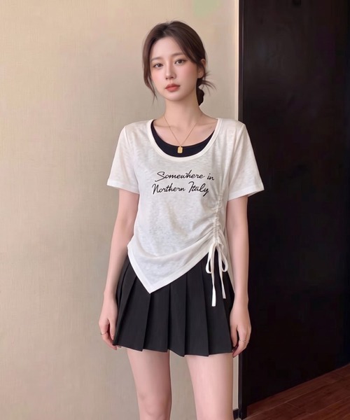 Girly Doll(ガーリードール)の「フェイクツーピースサイドギャザーロゴTシャツ(Tシャツ/カットソー・レディース・ネイビー/グレー/ブルー/ホワイト・M/L)」の7枚目の写真