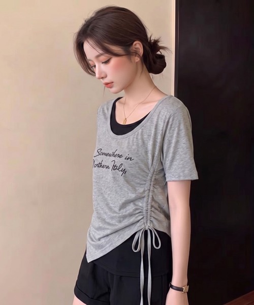 Girly Doll(ガーリードール)の「フェイクツーピースサイドギャザーロゴTシャツ(Tシャツ/カットソー・レディース・ネイビー/グレー/ブルー/ホワイト・M/L)」の8枚目の写真